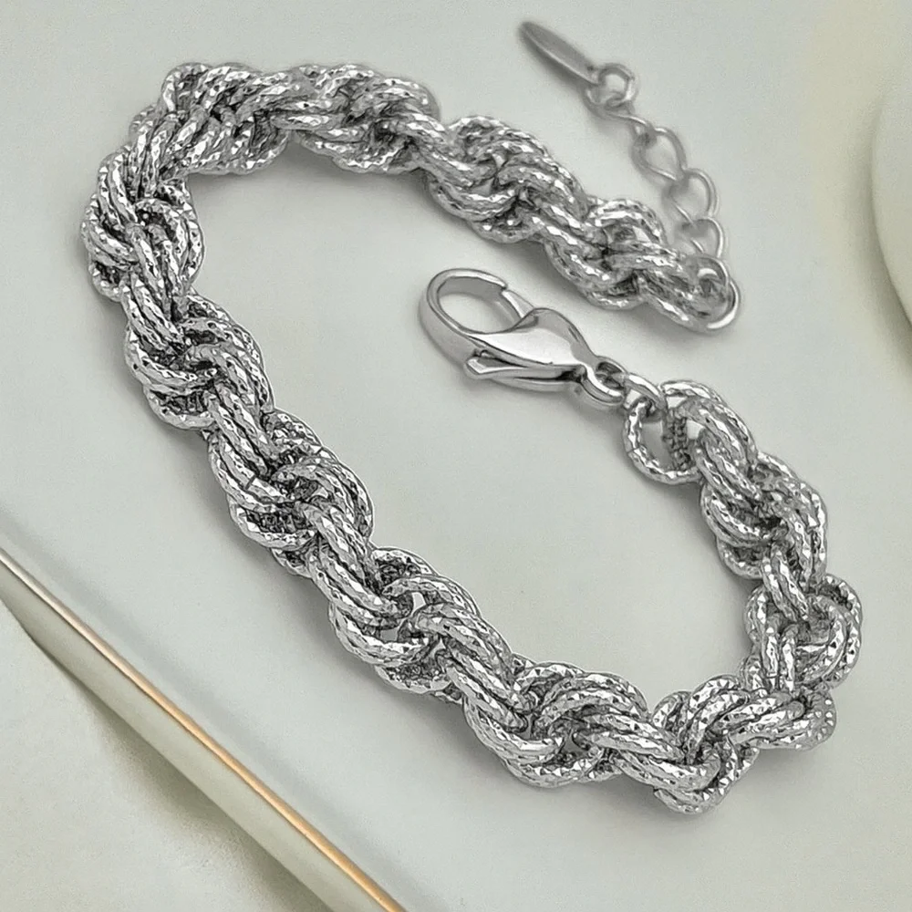 Silver Rope Chain Braided Bracelet Platinum Plated Dainty Waterproof Jewelry